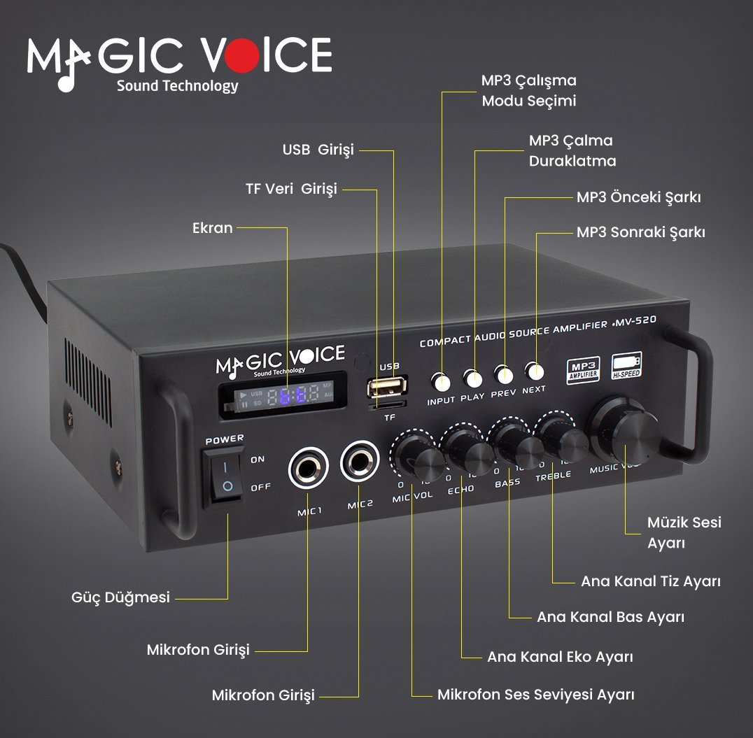 Magicvoice MV-520 15 Watt Usb/Sd/Bluetooth 1 Mikrofonlu Girişli Trafosuz Anfi