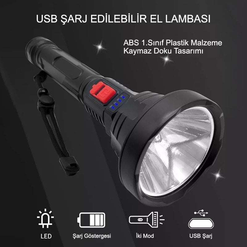 L-826 USB Şarjlı 3 Kademeli 500 Lümen Ledli El Feneri İçerik