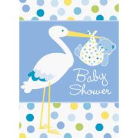 Baby Boy Stork Temalı Mavi Renk Baby Shower Davetiye 8 Adet