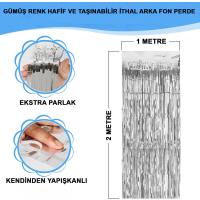 Gümüş Renk Ekstra Metalize Parlak Saçaklı Arka Fon Perde İthal A Kalite 1x2 Metre