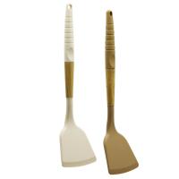 SİLİKON SPATULA EĞİK AHŞAP BAMBU SAP - SİLİKON KILIFLI 32CM